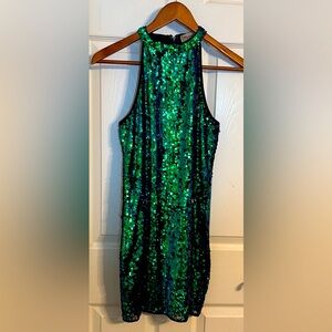 Sparkly green and blue sequin cocktail dress